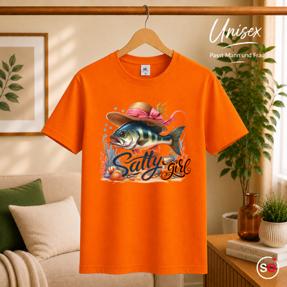 Unisex Orange – Salty Girl T-Shirt mit coolem Barsch-Motiv und Strohhut im maritimen Unterwasser-Design