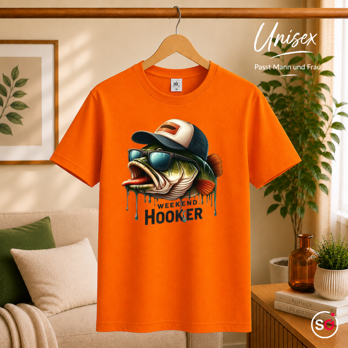 Unisex Orange – T-Shirt 'Weekend Hooker' mit coolem Angler-Fisch | Lustiges Design für Fischer & Hobby-Angler