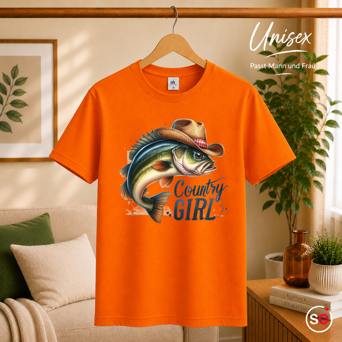 Unisex Orange – Country Girl T-Shirt | Lustiges Fisch-Motiv mit Cowboyhut für Anglerinnen & Western-Fans