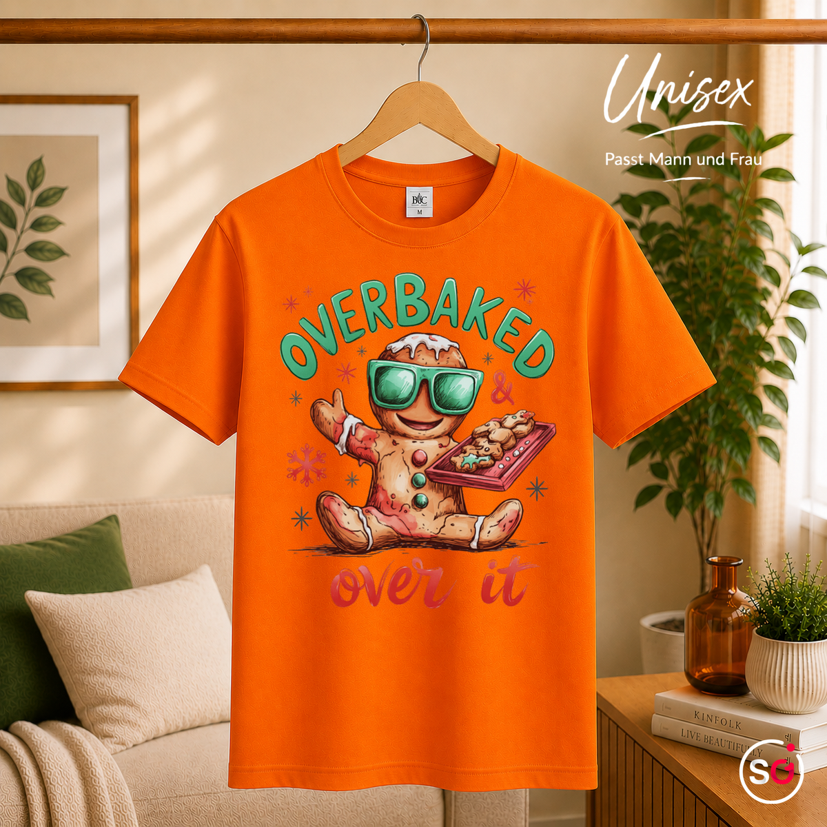 Unisex Orange – Lustiges Lebkuchenmann T-Shirt mit Spruch 'Overbaked & Over It' für Weihnachten