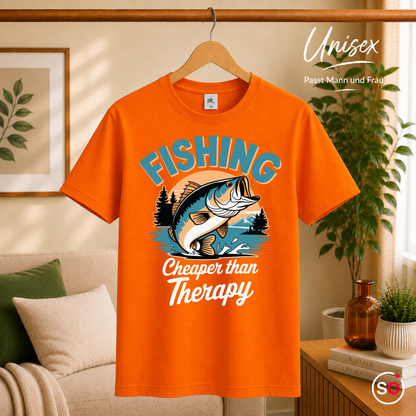 Unisex Orange – T-Shirt mit Angler-Spruch "Fishing Cheaper than Therapy" und coolem Barsch-Motiv im Retro-Look