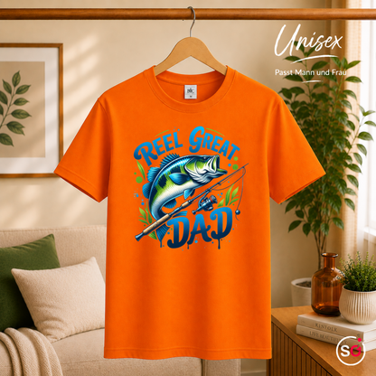 Unisex Orange – T-Shirt mit "Reel Great Dad" Angler-Spruch und coolem Barsch-Motiv | Geschenk für Väter