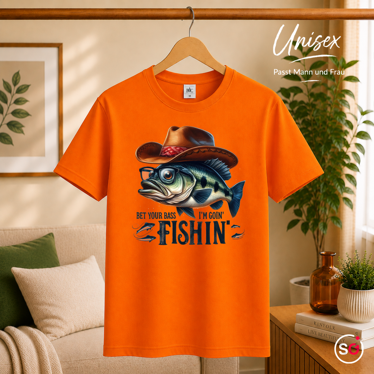 Unisex Orange – "Bet Your Bass I'm Goin' Fishin'" T-Shirt | Witziges Angler-Motiv mit Barsch und Cowboyhut