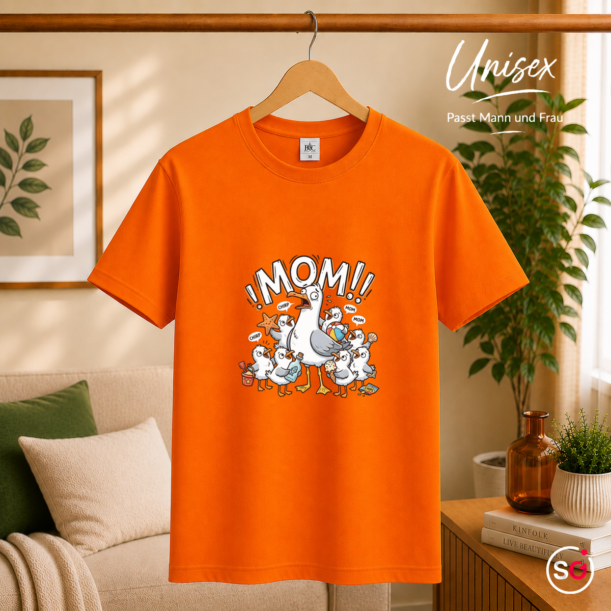 Unisex Orange – T-Shirt mit gestresster Möwen-Mama | Witziges Cartoon-Design mit chaotischer Küken-Schar