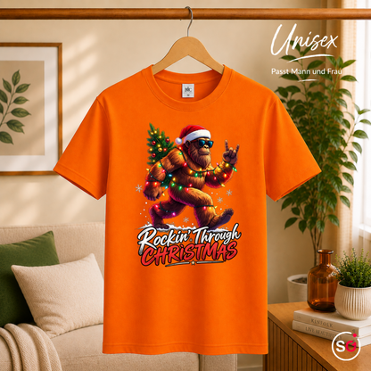 Unisex Orange – Rockin' Bigfoot Weihnachts-T-Shirt mit Lichterkette und Tannenbaum