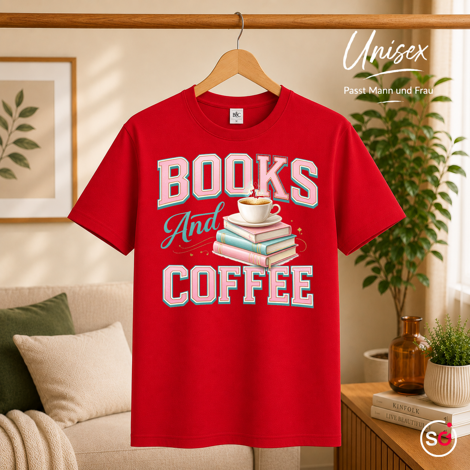 Unisex Rot – Books And Coffee T-Shirt für Leseratten & Kaffeefans – Damen & Herren