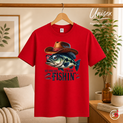 Unisex Rot – T-Shirt mit Barsch, Cowboyhut & Angler-Spruch: Bet Your Bass I'm Goin' Fishin'