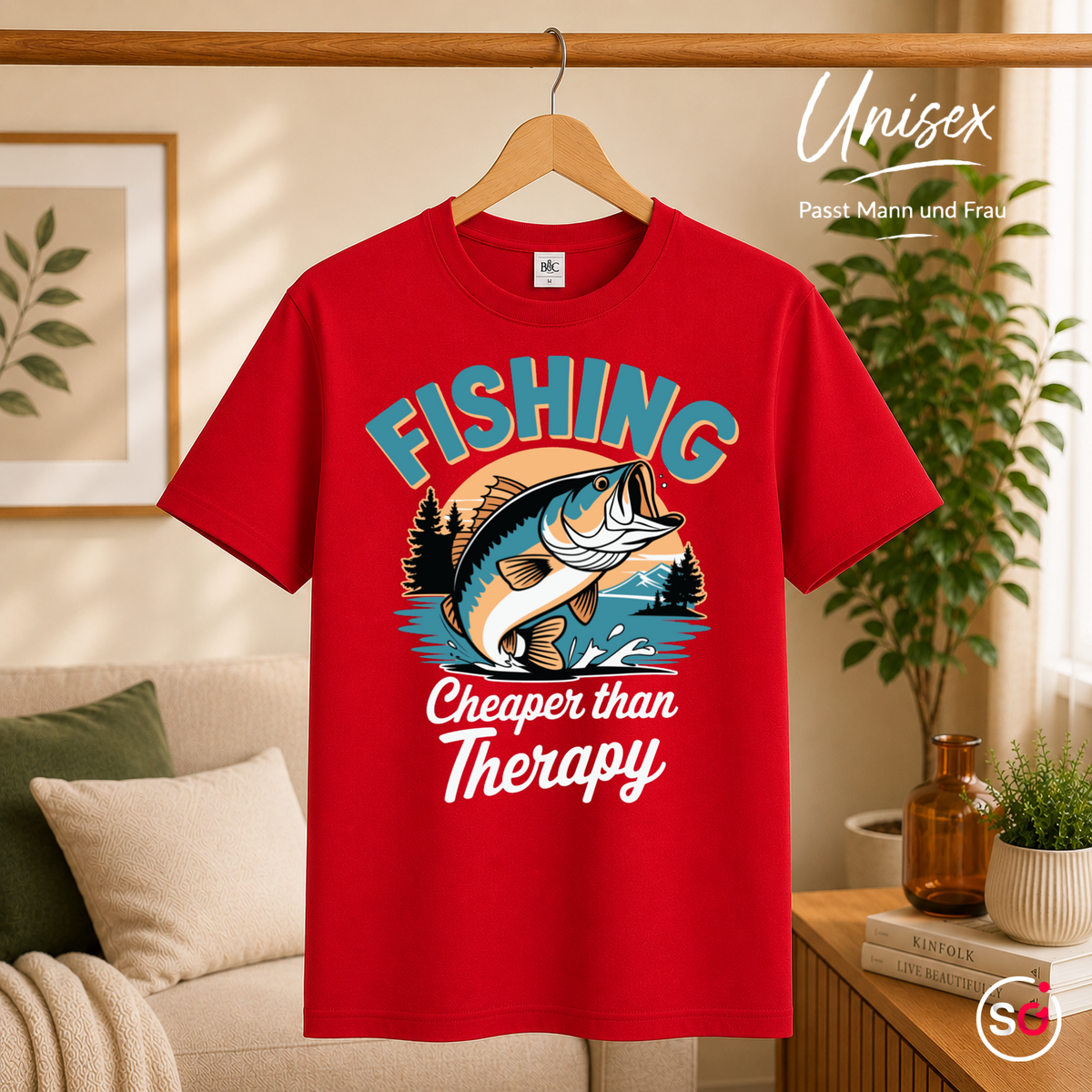 Unisex Rot – T-Shirt mit Angler-Spruch "Fishing Cheaper than Therapy" und coolem Barsch-Motiv im Retro-Look