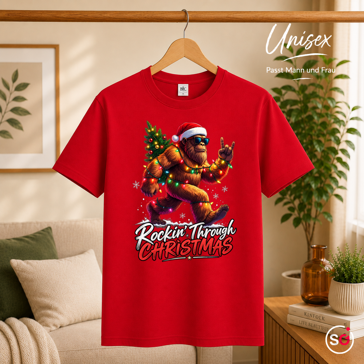 Unisex Rot – Rockin' Bigfoot Weihnachts-T-Shirt mit Lichterkette und Tannenbaum