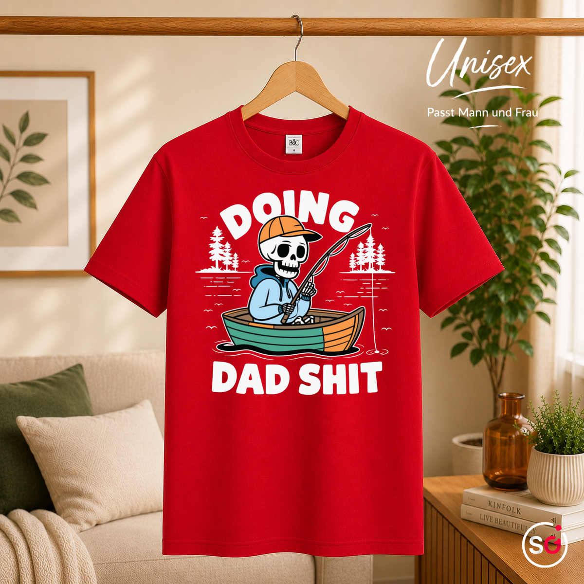 Unisex Rot – T-Shirt mit angelndem Skelett und Spruch "Doing Dad Shit" – Lustiges Design für Väter