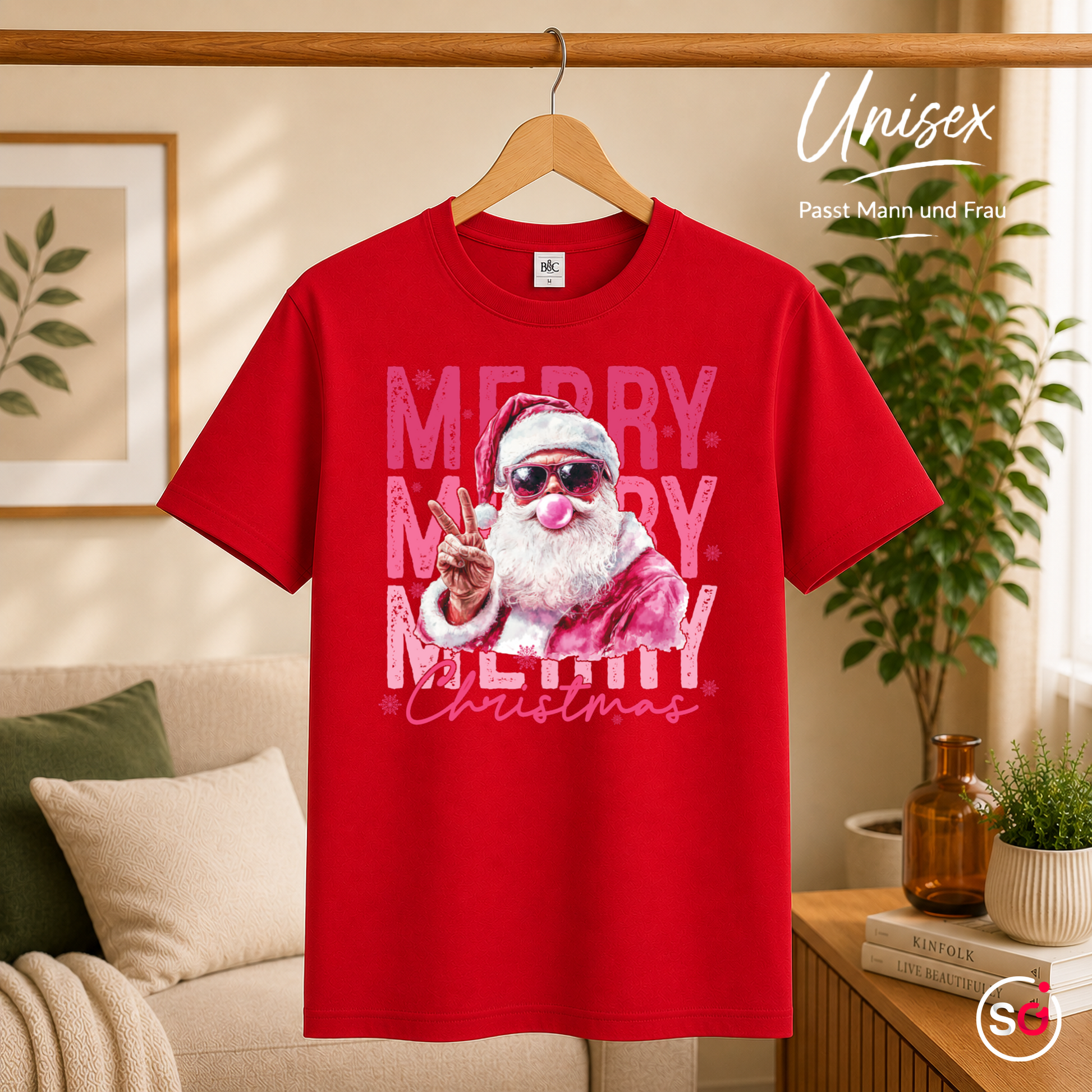 Unisex Rot – T-Shirt mit coolem Santa Claus Motiv, Sonnenbrille & Kaugummi | Modernes Weihnachtsdesign
