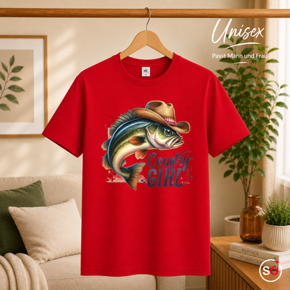 Unisex Rot – Country Girl T-Shirt | Lustiges Fisch-Motiv mit Cowboyhut für Anglerinnen & Western-Fans