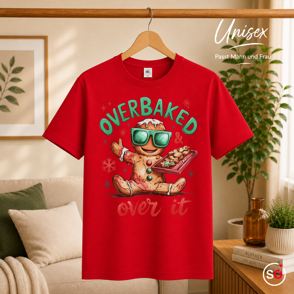Unisex Rot – Lustiges Lebkuchenmann T-Shirt mit Spruch 'Overbaked & Over It' für Weihnachten