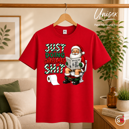 Unisex Rot – T-Shirt „Just Doing Christmas Shit“ mit Weihnachtsmann auf der Toilette
