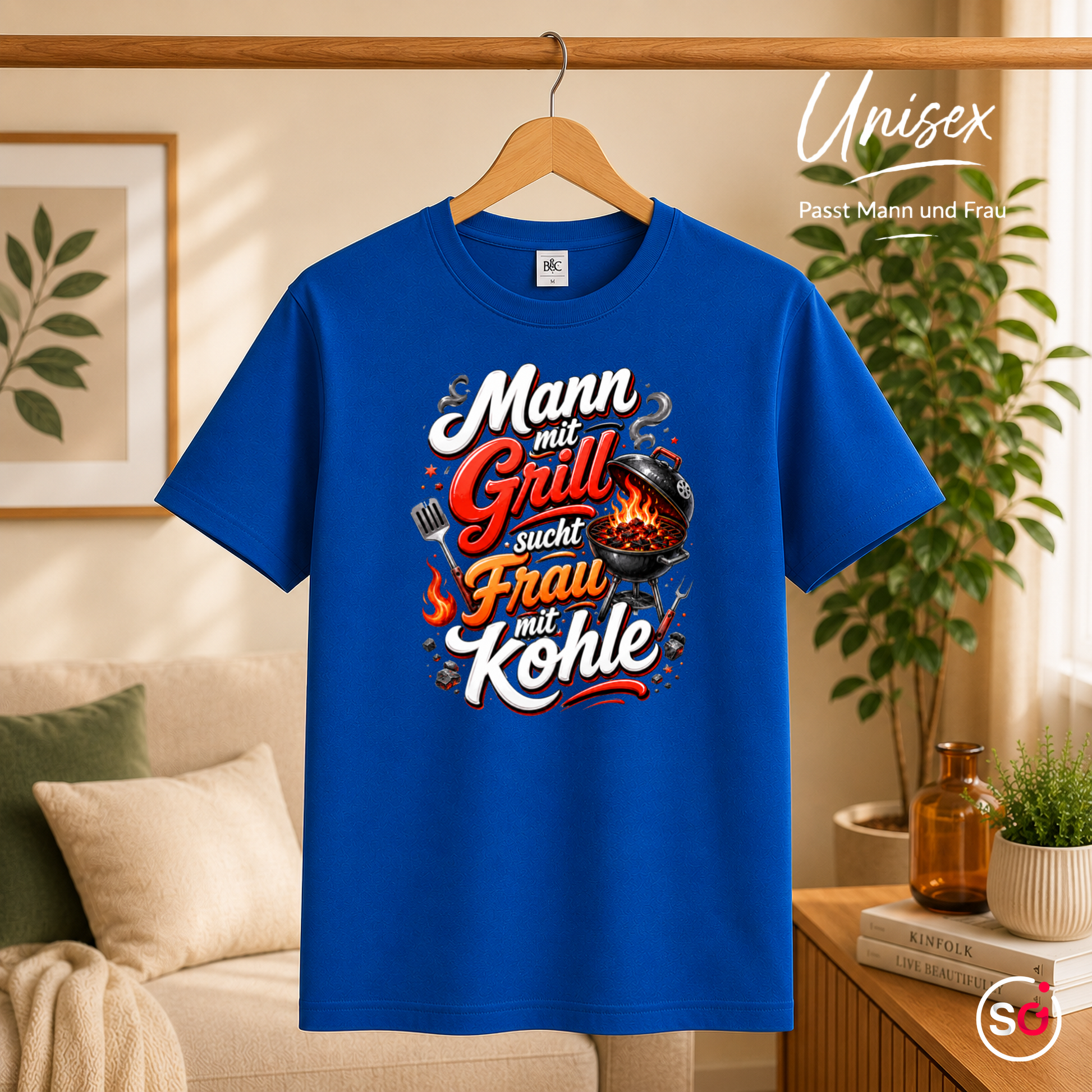 Unisex RoyalBlau – Lustiges Grill T-Shirt: Mann mit Grill sucht Frau mit Kohle – Witziges BBQ Design