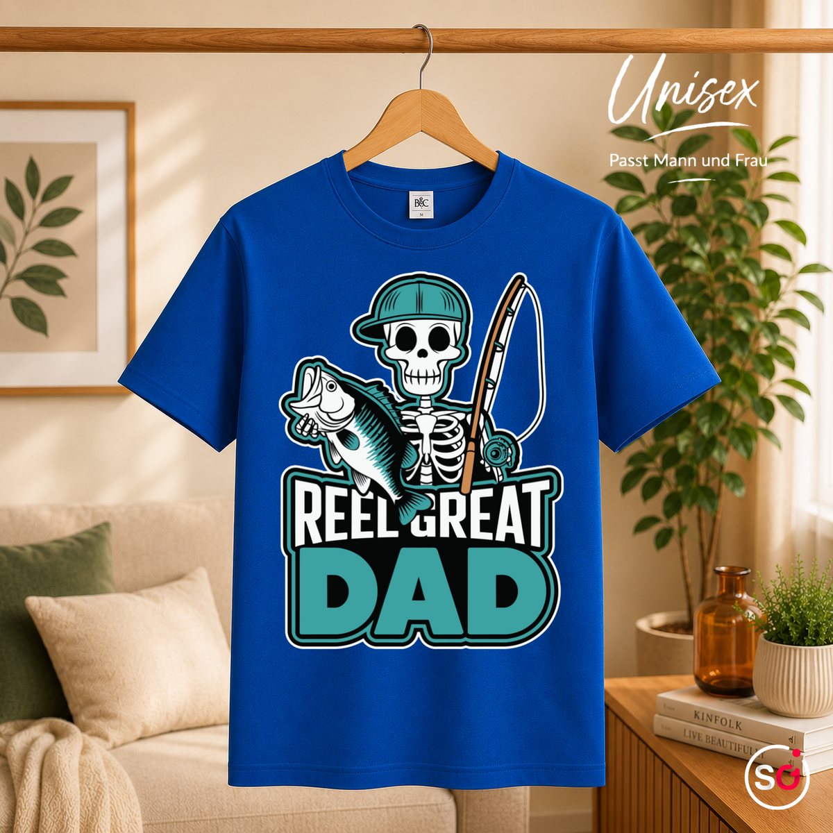 Unisex RoyalBlau – T-Shirt mit lustigem Angler-Skelett | "Reel Great Dad" Spruch & Fisch-Motiv