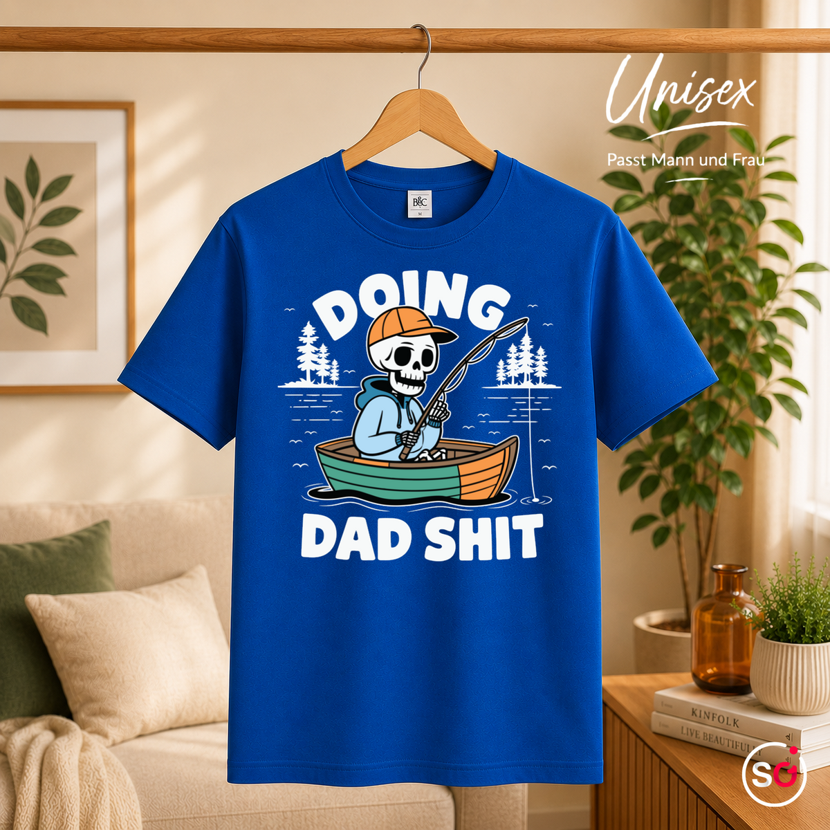 Unisex RoyalBlau – T-Shirt mit angelndem Skelett und Spruch "Doing Dad Shit" – Lustiges Design für Väter