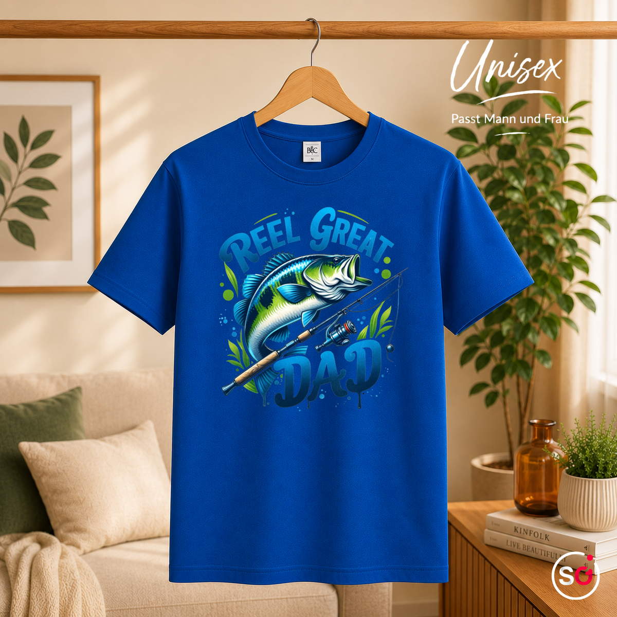 Unisex RoyalBlau – T-Shirt mit "Reel Great Dad" Angler-Spruch und coolem Barsch-Motiv | Geschenk für Väter