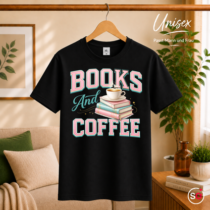 Unisex Schwarz – Books And Coffee T-Shirt für Leseratten & Kaffeefans – Damen & Herren