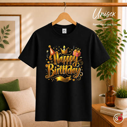 Unisex Schwarz – T-Shirt mit festlichem 'Happy Birthday' Schriftzug in edlem Gold-Design