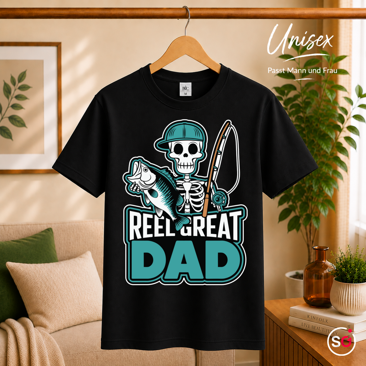 Unisex Schwarz – T-Shirt mit lustigem Angler-Skelett | "Reel Great Dad" Spruch & Fisch-Motiv