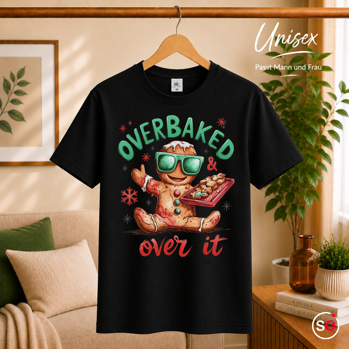 Unisex Schwarz – Lustiges Lebkuchenmann T-Shirt mit Spruch 'Overbaked & Over It' für Weihnachten