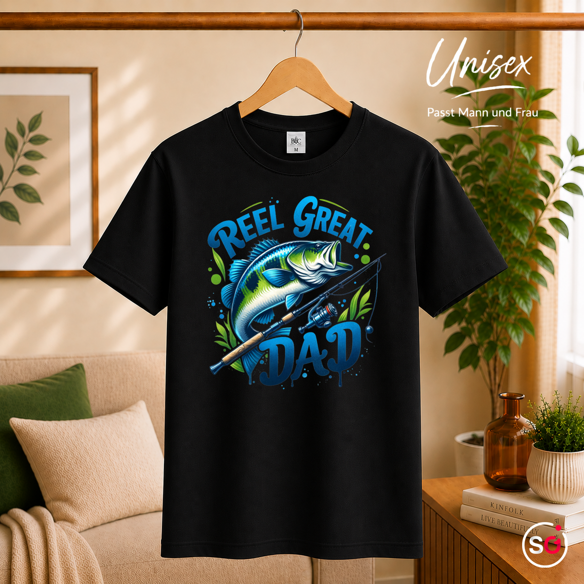 Unisex Schwarz – T-Shirt mit "Reel Great Dad" Angler-Spruch und coolem Barsch-Motiv | Geschenk für Väter