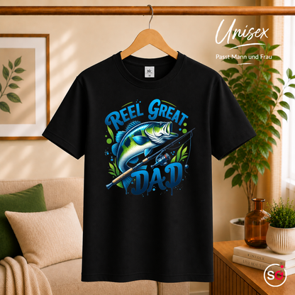 Unisex Schwarz – T-Shirt mit "Reel Great Dad" Angler-Spruch und coolem Barsch-Motiv | Geschenk für Väter