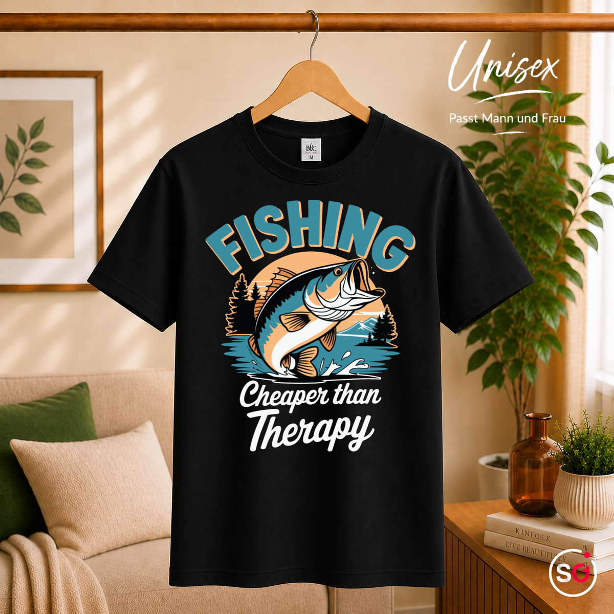 Unisex Schwarz – T-Shirt mit Angler-Spruch "Fishing Cheaper than Therapy" und coolem Barsch-Motiv im Retro-Look