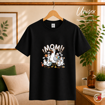Unisex Schwarz – T-Shirt mit gestresster Möwen-Mama | Witziges Cartoon-Design mit chaotischer Küken-Schar