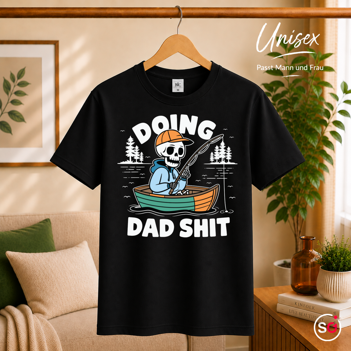 Unisex Schwarz – T-Shirt mit angelndem Skelett und Spruch "Doing Dad Shit" – Lustiges Design für Väter