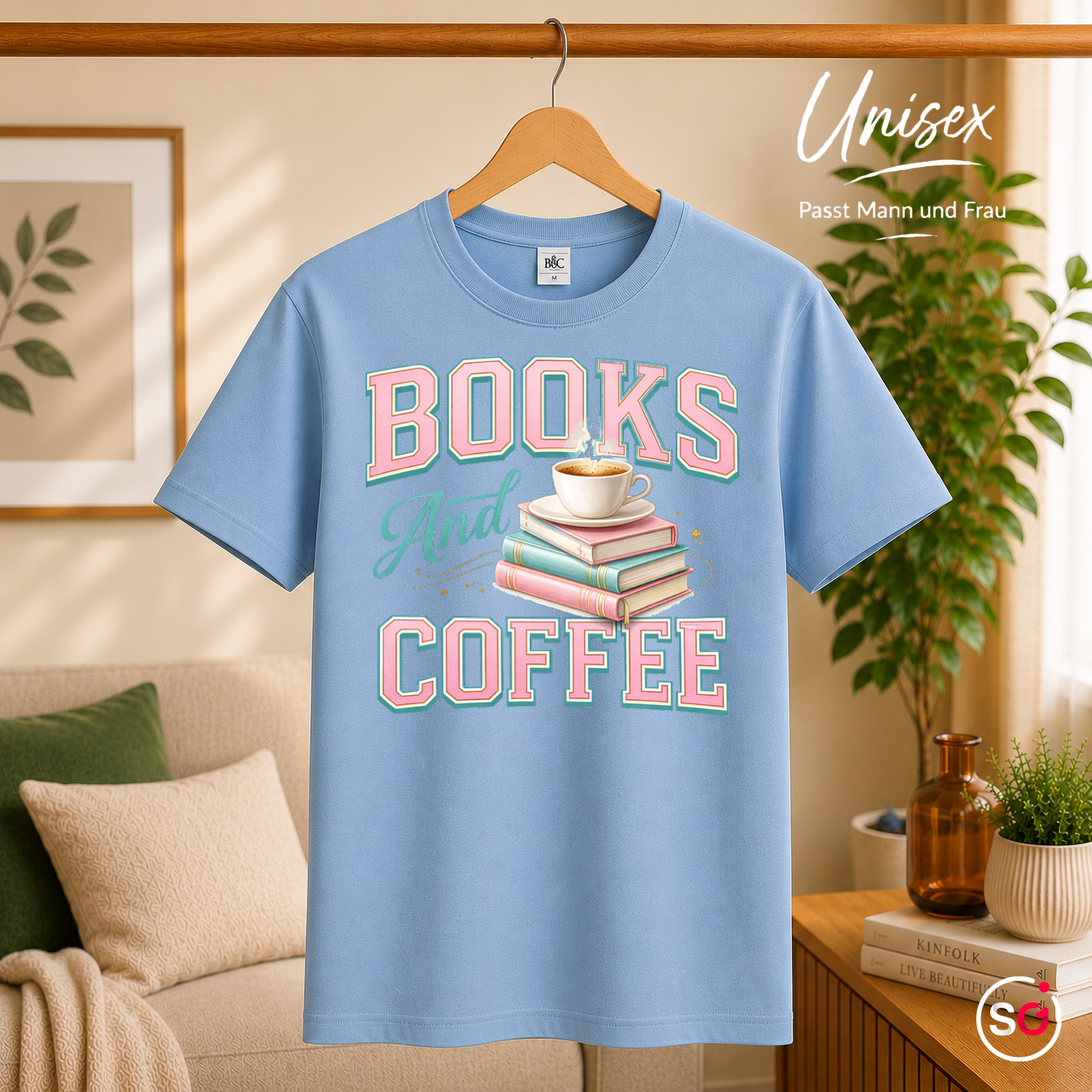 Unisex SkyBlau – Books And Coffee T-Shirt für Leseratten & Kaffeefans – Damen & Herren