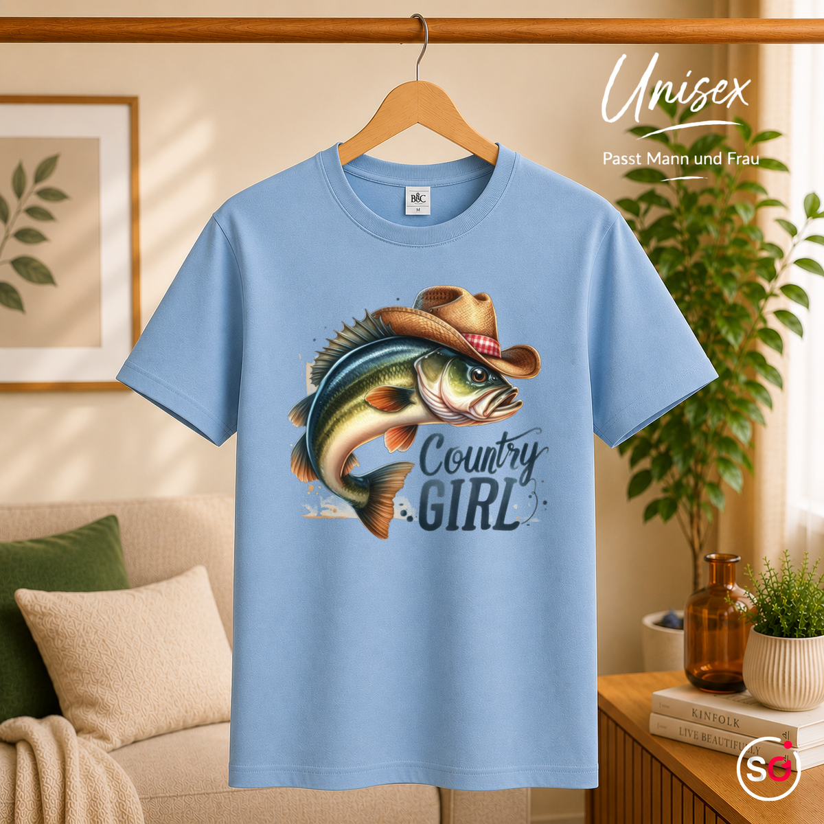 Unisex SkyBlau – Country Girl T-Shirt | Lustiges Fisch-Motiv mit Cowboyhut für Anglerinnen & Western-Fans