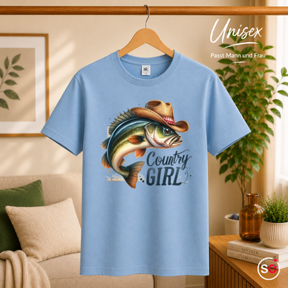 Unisex SkyBlau – Country Girl T-Shirt | Lustiges Fisch-Motiv mit Cowboyhut für Anglerinnen & Western-Fans