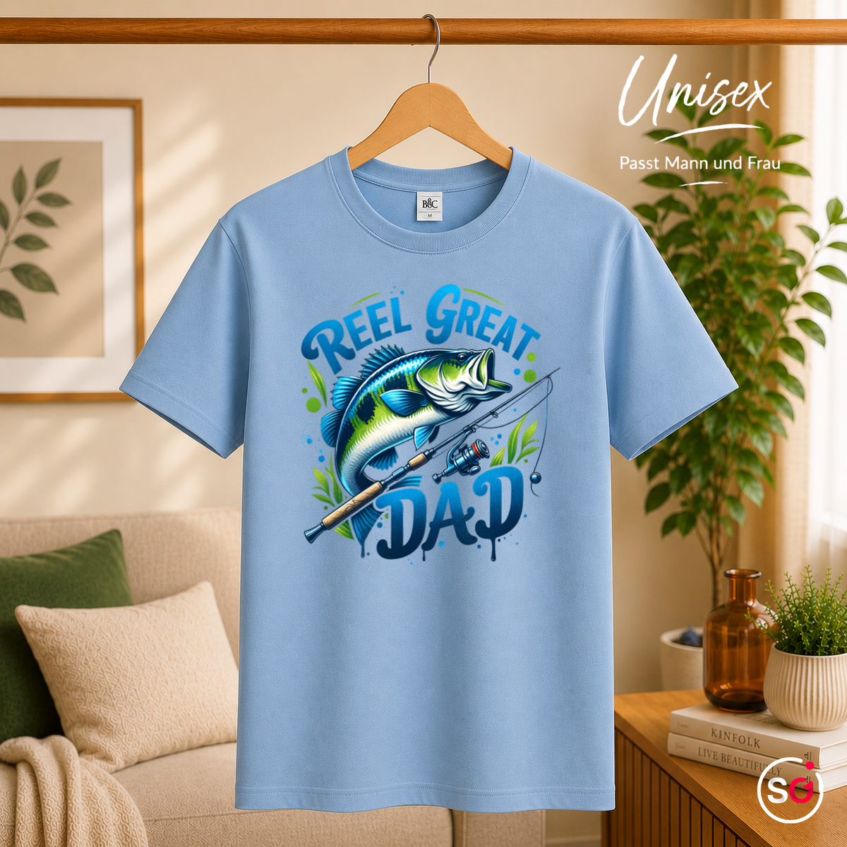 Unisex SkyBlau – T-Shirt mit "Reel Great Dad" Angler-Spruch und coolem Barsch-Motiv | Geschenk für Väter