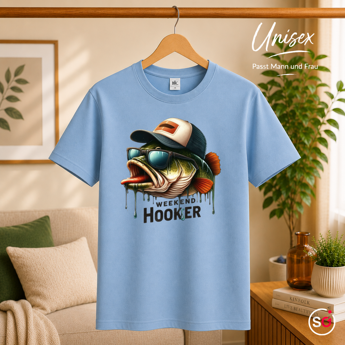 Unisex SkyBlau – T-Shirt 'Weekend Hooker' mit coolem Angler-Fisch | Lustiges Design für Fischer & Hobby-Angler