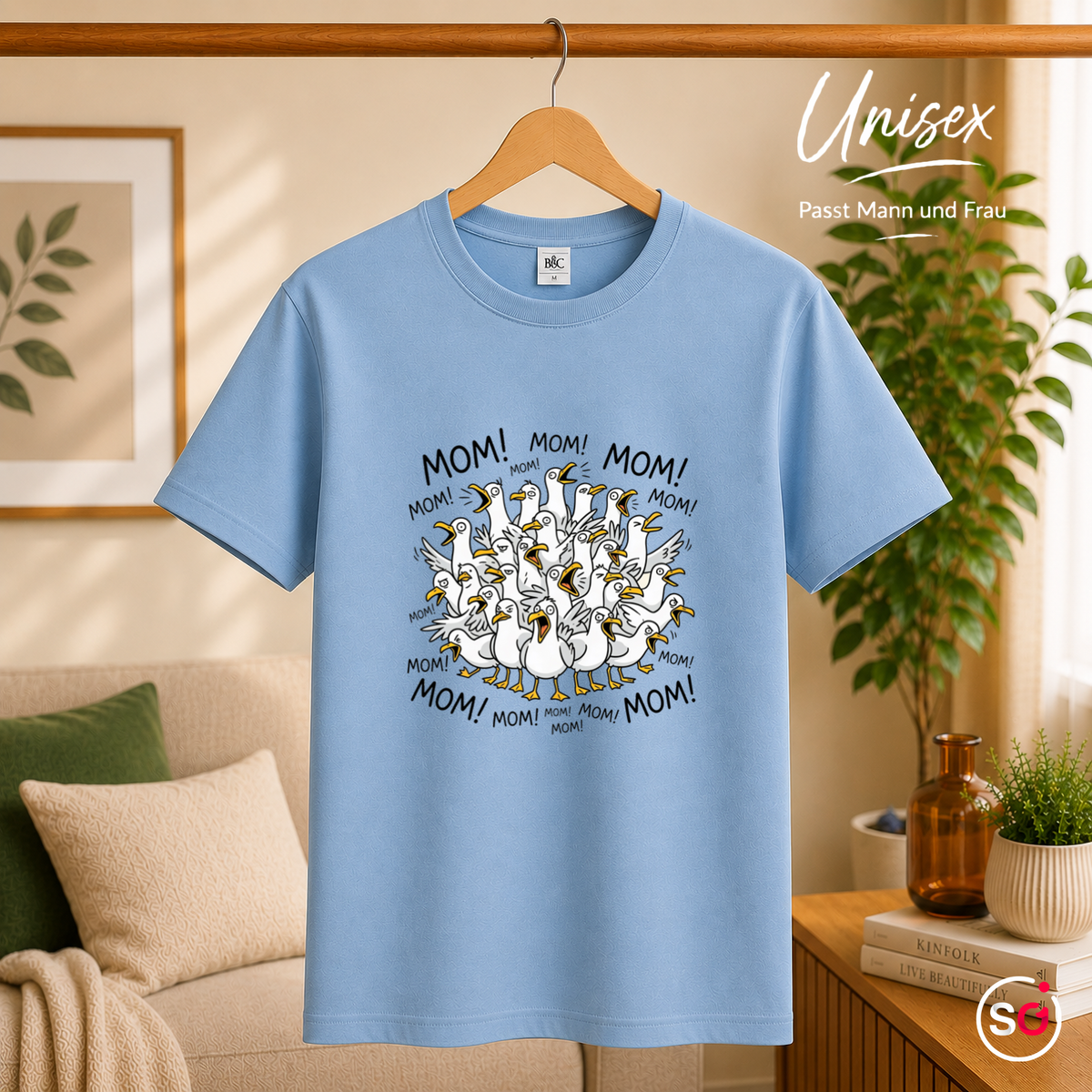 Unisex SkyBlau – T-Shirt mit schreienden Möwen 'Mom! Mom! Mom!' - Lustiges Comic-Design