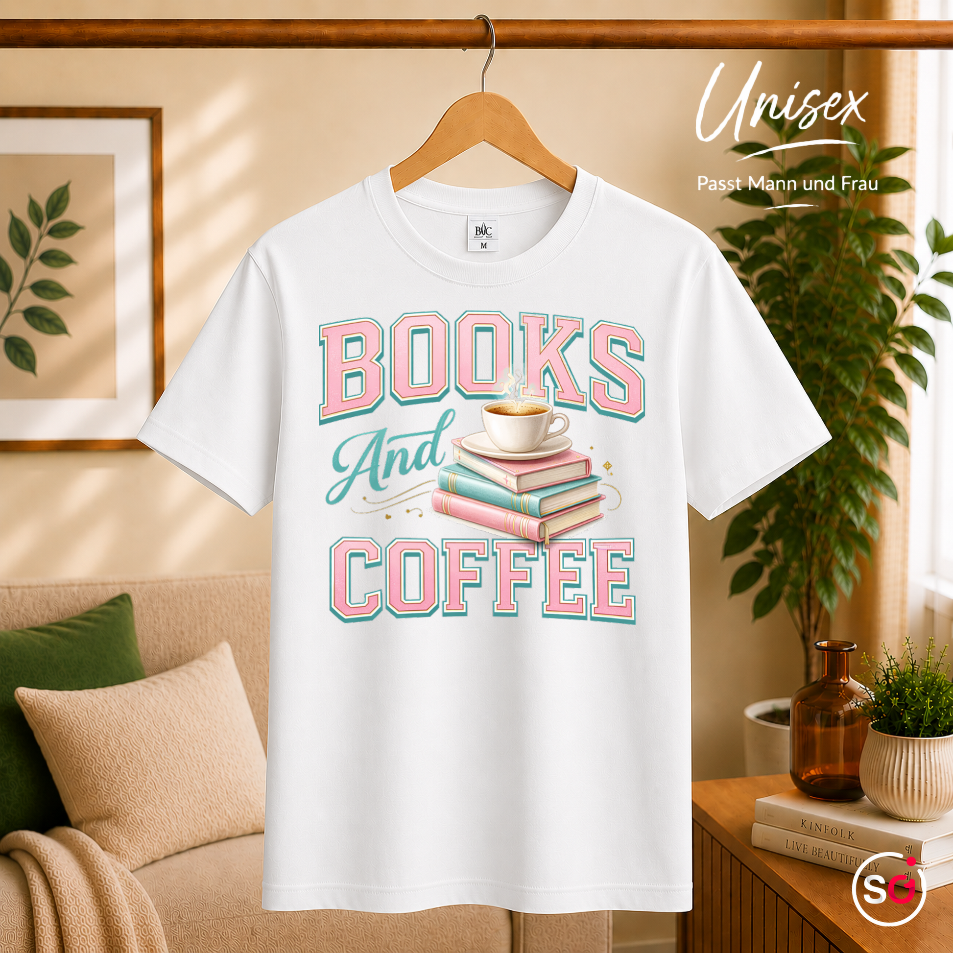 Unisex Weiß – Books And Coffee T-Shirt für Leseratten & Kaffeefans – Damen & Herren