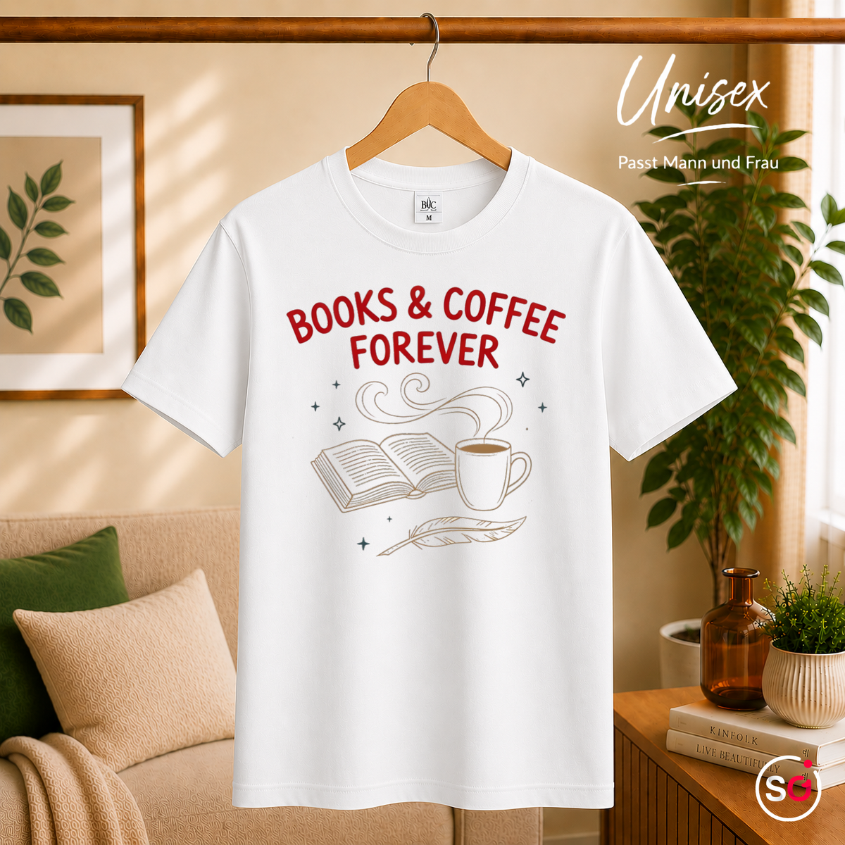 Unisex Weiß – T-Shirt mit "Books & Coffee Forever" Design | Illustration für Leseratten & Kaffeeliebhaber