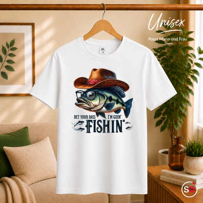Unisex Weiß – "Bet Your Bass I'm Goin' Fishin'" T-Shirt | Witziges Angler-Motiv mit Barsch und Cowboyhut