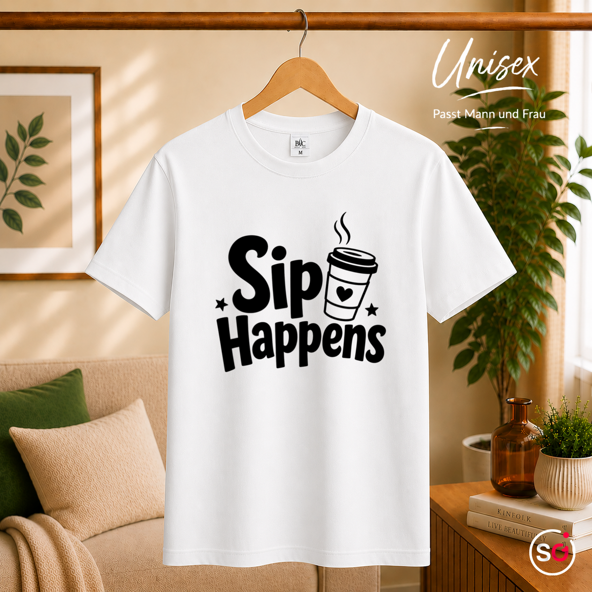 Unisex Weiß – T-Shirt "Sip Happens" – Design mit lustigem Kaffee-Wortspiel und To-Go-Becher-Grafik