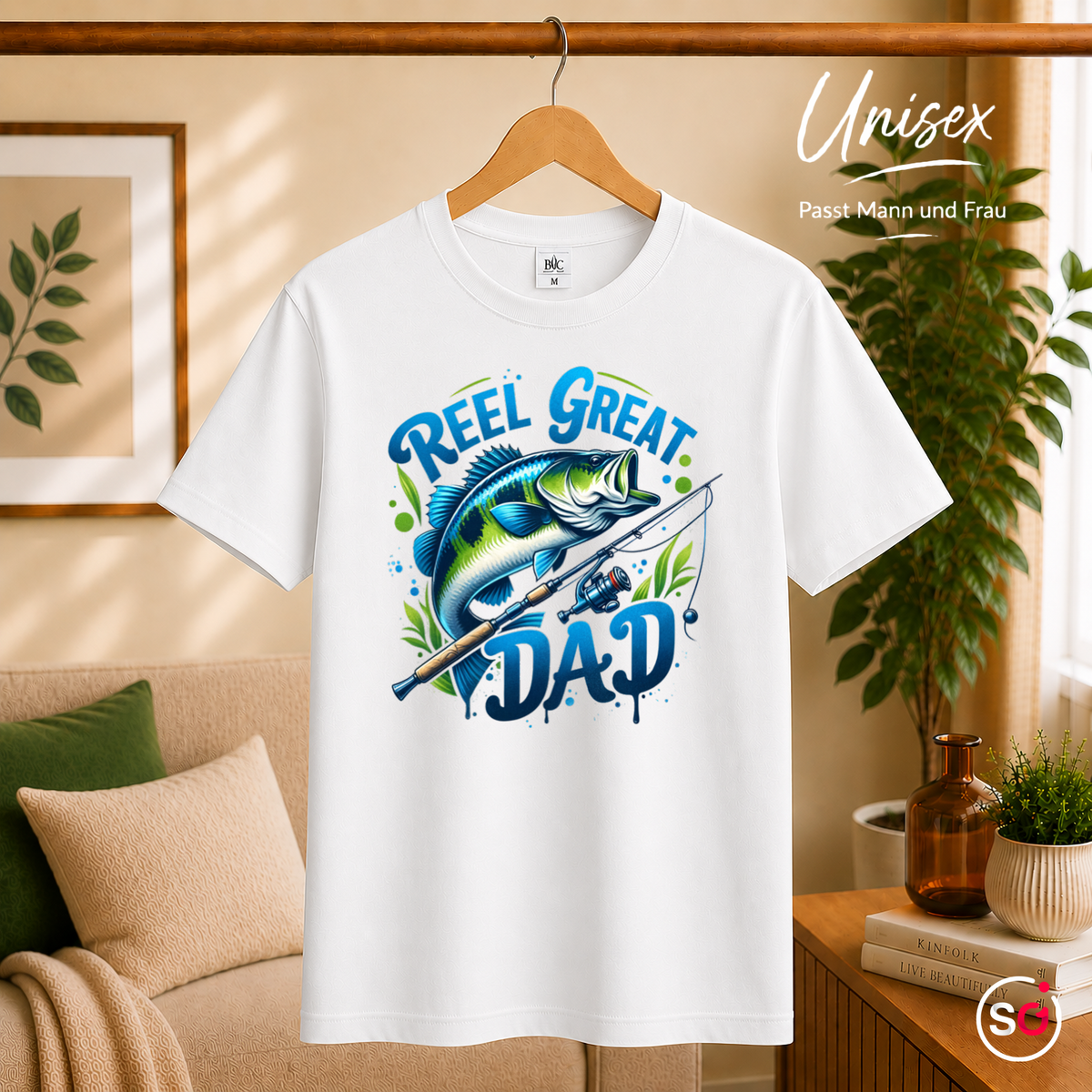 Unisex Weiß – T-Shirt mit "Reel Great Dad" Angler-Spruch und coolem Barsch-Motiv | Geschenk für Väter