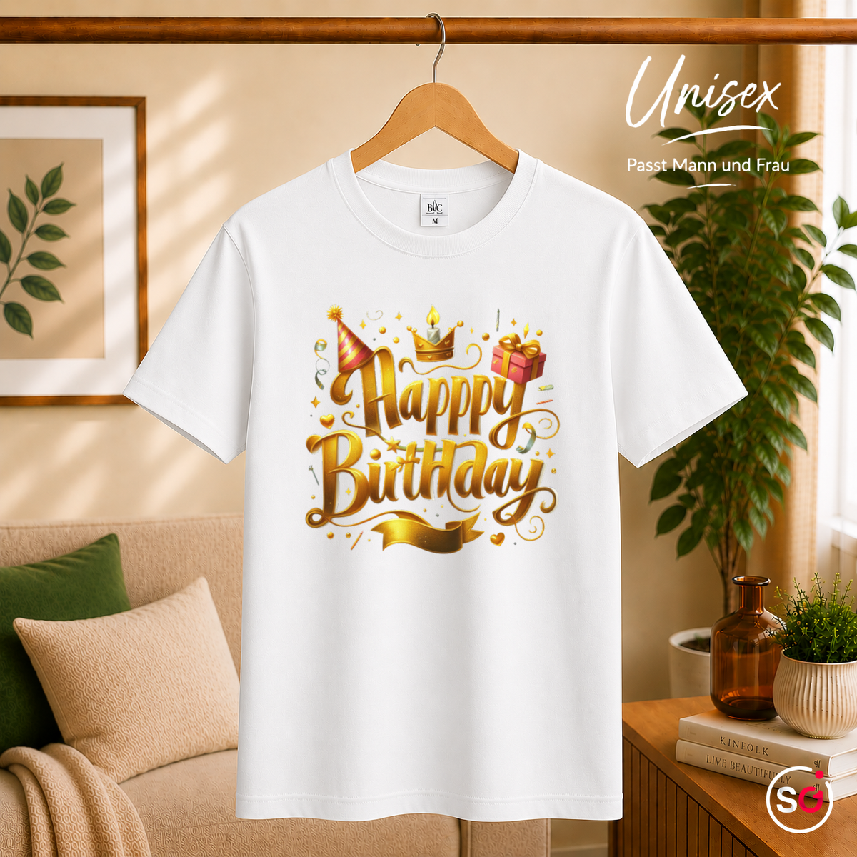 Unisex Weiß – T-Shirt mit festlichem 'Happy Birthday' Schriftzug in edlem Gold-Design