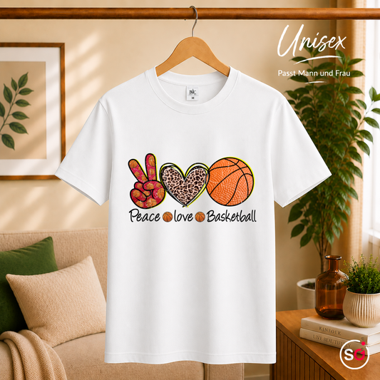 Unisex Weiß – Peace Love Basketball T-Shirt mit Peace-Zeichen, Leoparden-Herz & coolem Retro-Design