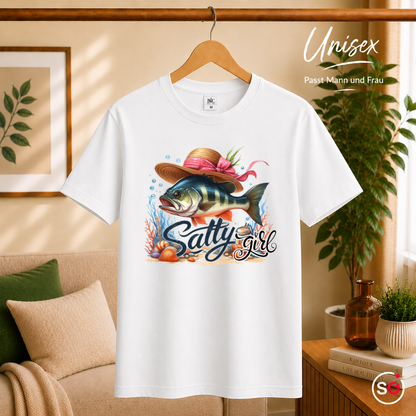Unisex Weiß – Salty Girl T-Shirt mit coolem Barsch-Motiv und Strohhut im maritimen Unterwasser-Design