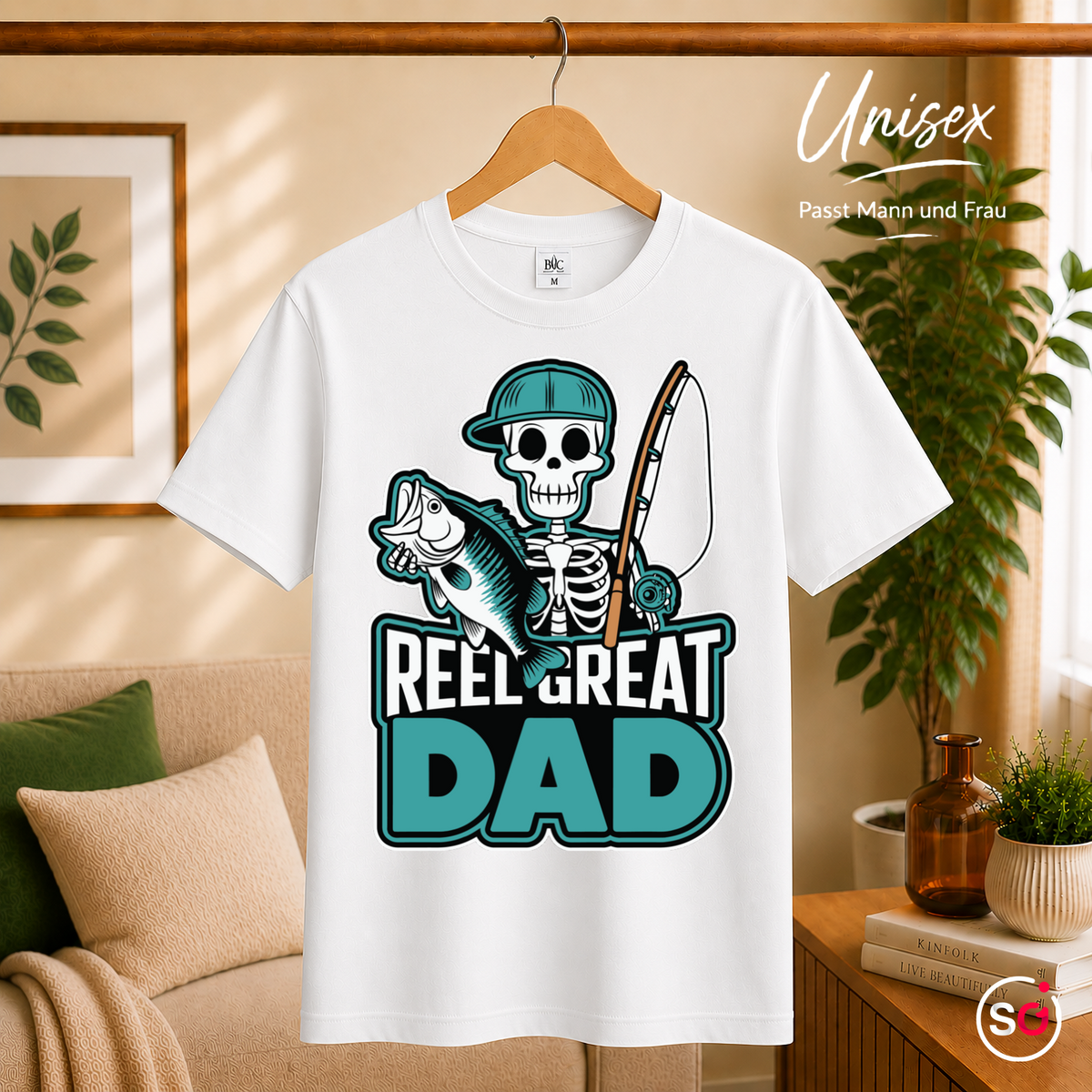 Unisex Weiß – T-Shirt mit lustigem Angler-Skelett | "Reel Great Dad" Spruch & Fisch-Motiv