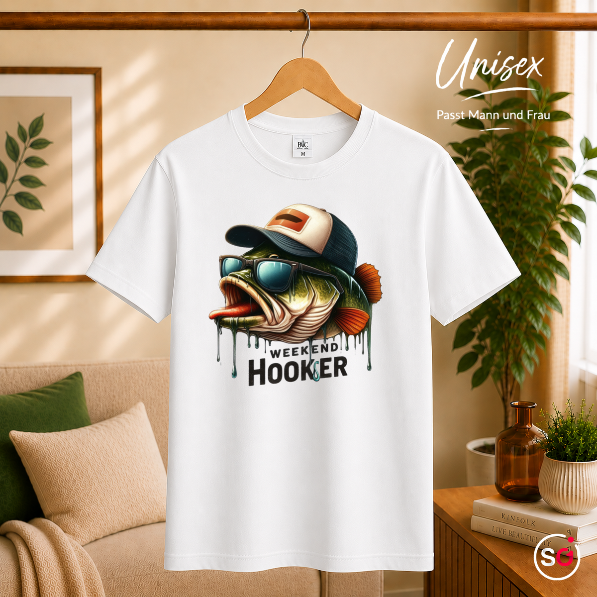 Unisex Weiß – T-Shirt 'Weekend Hooker' mit coolem Angler-Fisch | Lustiges Design für Fischer & Hobby-Angler