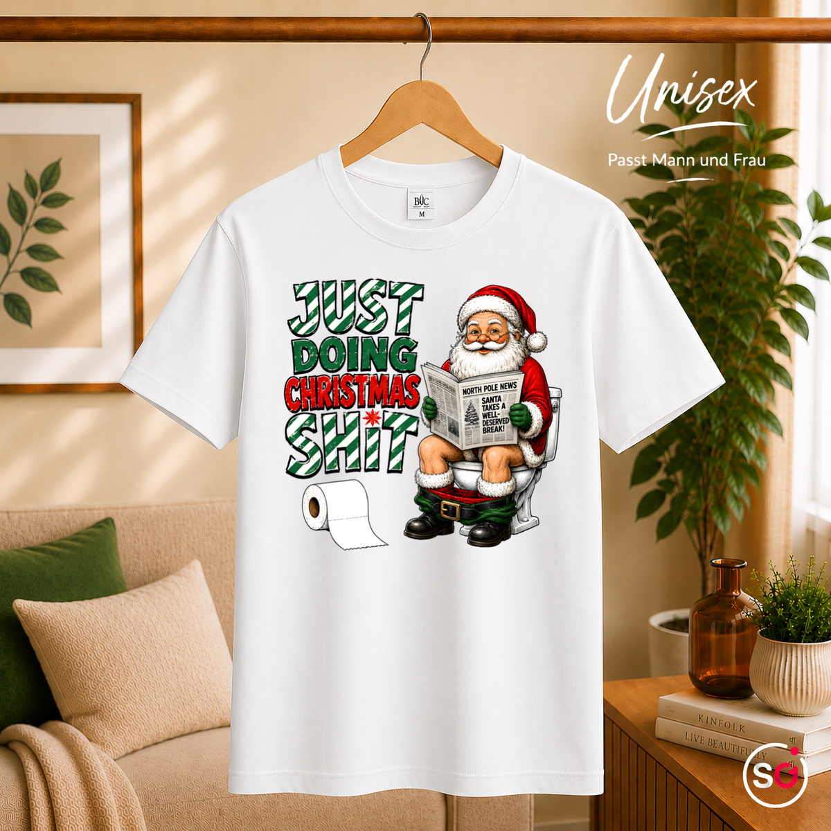 Unisex Weiß – T-Shirt „Just Doing Christmas Shit“ mit Weihnachtsmann auf der Toilette