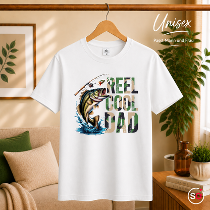 Unisex Weiß – Reel Cool Dad T-Shirt mit detailreichem Bass-Motiv für Angler