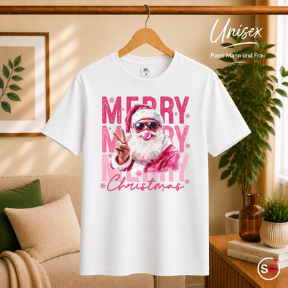 Unisex Weiß – T-Shirt mit coolem Santa Claus Motiv, Sonnenbrille & Kaugummi | Modernes Weihnachtsdesign